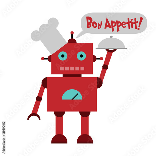 vector illustration of a toy robot in toque with plate and text bon