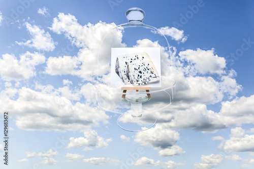 Poster Surrealistic image of blue cheese covered by transparent French cheese glass bel