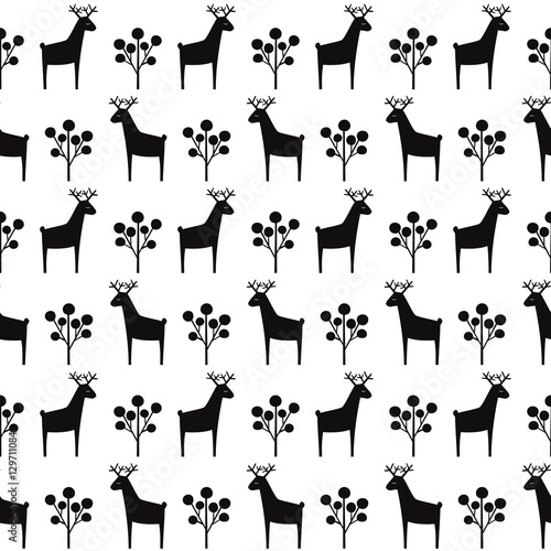 Black And White Deer With Berry Seamless Pattern Christmas Style Black And White Deer With Berry Seamless Pattern Christmas Style Animal Ilration Cute Cartoon