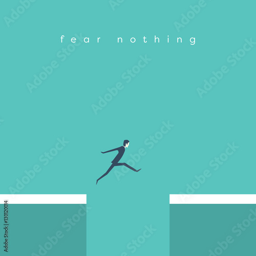 Businessman jumping over chasm vector concept. Symbol of business success, challenge, risk, courage.