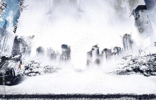 Snowing in the ruins of the city destroyed by the ice age and war