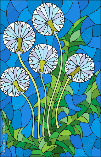 illustration-in-stained-glass-style-flower-of-blowball-on-a-blue-background