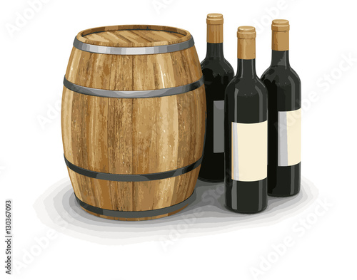 wine barrel and bottles. Image with clipping path