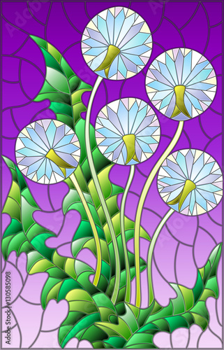 illustration-in-stained-glass-style-flower-of-blowball-on-a-purple-background