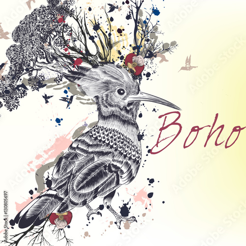  illustration with hand drawn bird, flowers, butterflies and bran