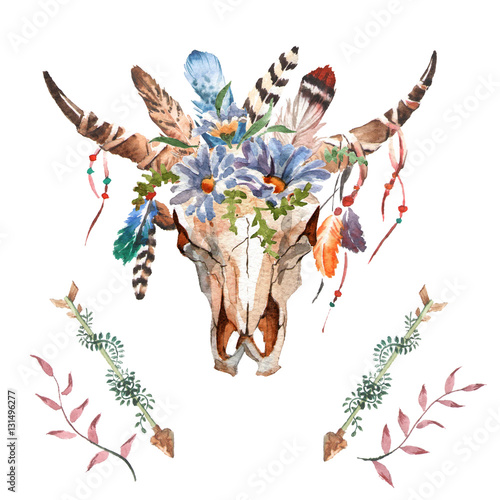 Watercolor isolated bull's head with flowers and feathers on white background. Boho style. Skull for wrapping, wallpaper, t-shirts, textile, posters, cards, prints