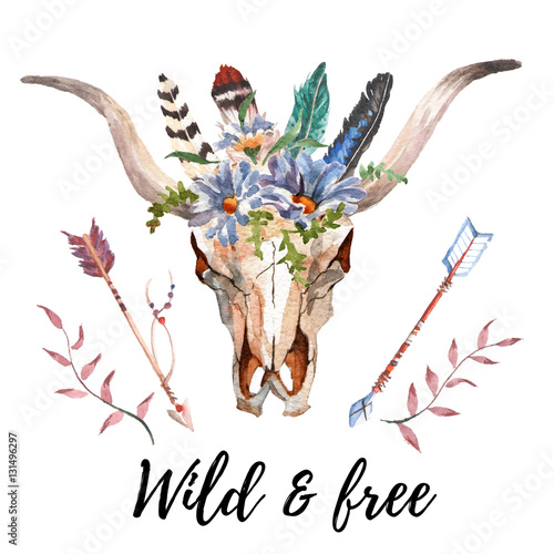 Fototapeta Watercolor isolated bull's head with flowers and feathers on white background. Boho style. Skull for wrapping, wallpaper, t-shirts, textile, posters, cards, prints