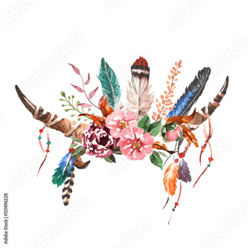 Poster Watercolor vintage floral bouquets with animal horns