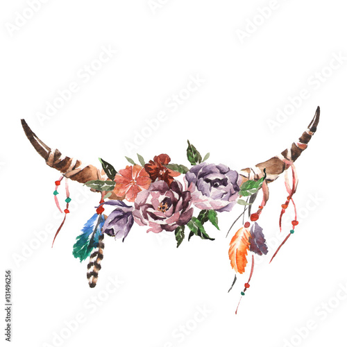 Watercolor vintage floral bouquets with animal horns