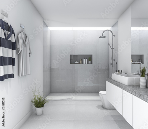  3d rendering white clean modern bathroom with bright daylight