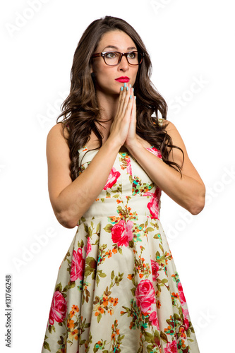 Poster Unique quirky female worried concerned begins to pray wish and hope