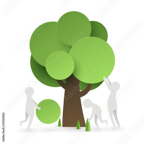 Paper art of  people try to set up and build tree