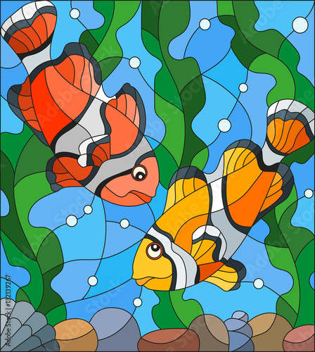 illustration-in-stained-glass-style-with-a-pair-of-clown-fish-on-the-background-of-water-and-algae