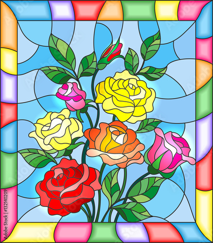 illustration-in-stained-glass-style-with-flowers-buds-and-leaves-of-roses-on-a-blue-background