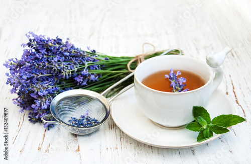 Cup of tea and lavender flowers