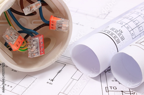 Poster Electrical box with cables and diagrams on construction drawing