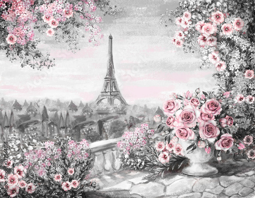 oil-painting-summer-in-paris-gentle-city-landscape-flower-rose-and-leaf-view-from-above-balcony-eiffel-tower-france-wallpaper-watercolor-modern-art-gray-and-pink