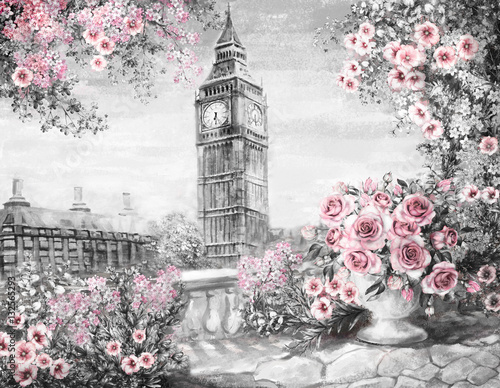 oil-painting-summer-in-london-gentle-city-landscape-flower-rose-and-leaf-view-from-above-balcony-big-ben-england-wallpaper-watercolor-modern-art-gray-pink