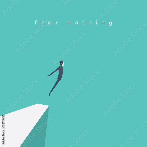 Business concept of courage. Businessman jumping off a cliff as sign brave leadership and step forward.