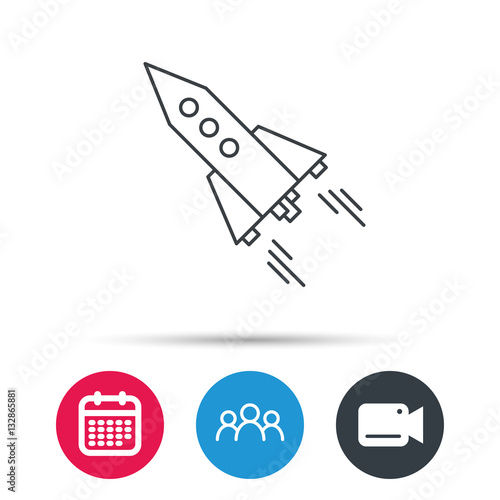 Startup business icon. Rocket sign. Spaceship shuttle symbol. Group of people, video cam and calendar icons. Vector