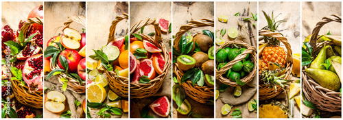 Food collage of fresh fruits in the basket .