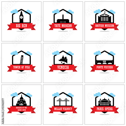 9 World famous Landmarks logo Ribbon banner with clouds. Landmarks vector collection.