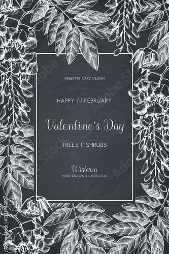 Wisteria sketch background. Valentine's Day card or invitation design with hand drawn tree in flowers. Vintage floral illustration. Wedding decor on chalkboard.