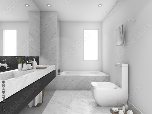  3d rendering white and black marble toilet and bathroom