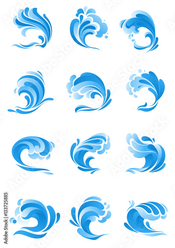 Waves, water splashes vector isolated icons