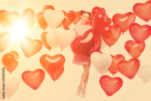 Poster Beautiful girl, stylish fashion model with balloons in the shape