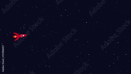 Rocket flying in space. Retro cartoon style with flat design. Travel and adventure in cosmos with a rocketship.