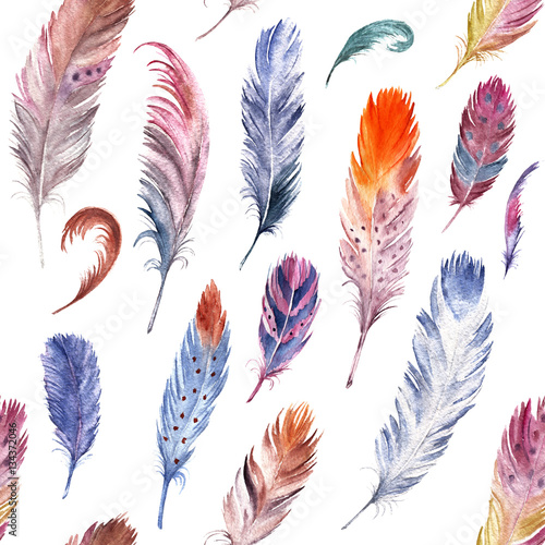  Colorful watercolor feathers pattern. Ethnic hand drawn motif for wrapping, wallpaper, textile