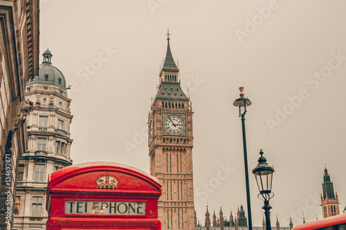 Big Ben in London, England and famous red telephone cabin