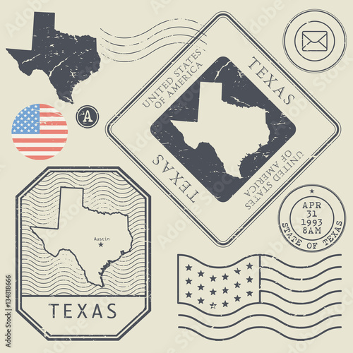 Retro vintage postage stamps set Texas, United States