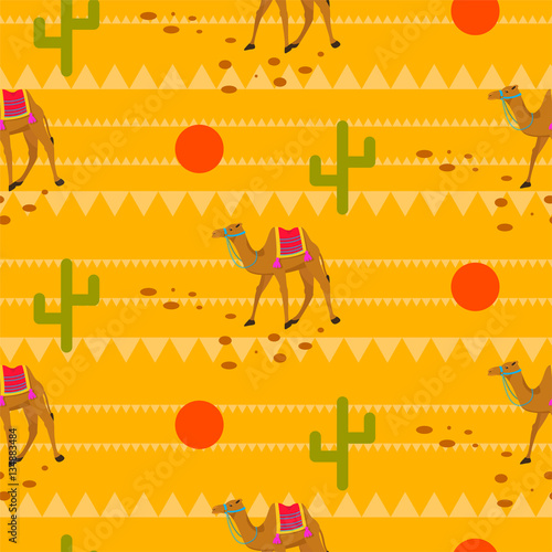 Desert camels in sands seamless pattern. Yellow ground with cactus and red sun tribal vector background.