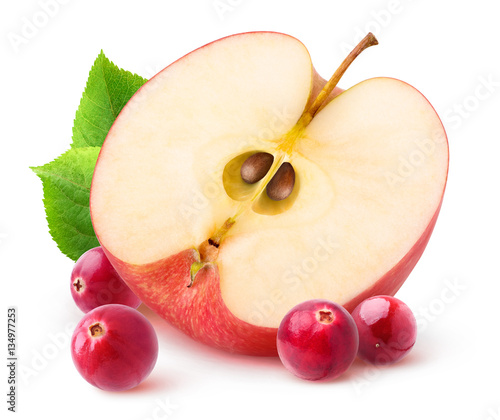 Isolated apple and cranberries. Half of red apple fruit and fresh cranberries isolated on white background with clipping path