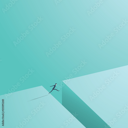 Businessman jumping over gap as a symbol of business risk and courage, brave step.