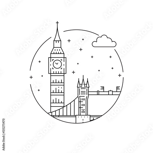 Round the emblem of the city of London drawn in a linear style, depicting a vector of the landmark of the capital of England.