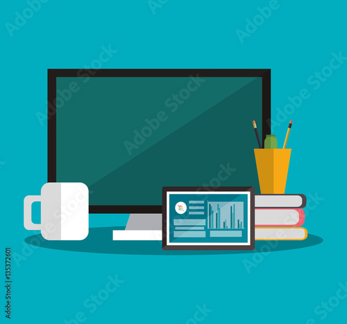 computer with  stack of books and tablet  over blue background. office workplace concept. .colorful design. vector illustration