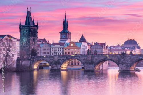 Poster Charles Bridge in Prague with sunset sky in background, Czech Republic