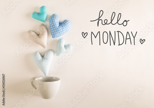 Hello Monday message with blue heart cushions