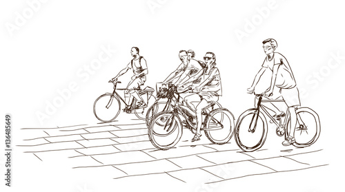 Obraz na płótnie Bicyclist rider men with bikes isolated on background, vector illustration, hand drawn, sketch.