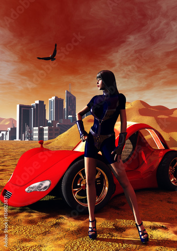 a-sexy-killer-and-her-red-car-in-the-middle-of-a-desertic-land-with-a-futuristic-city-3d-illustration