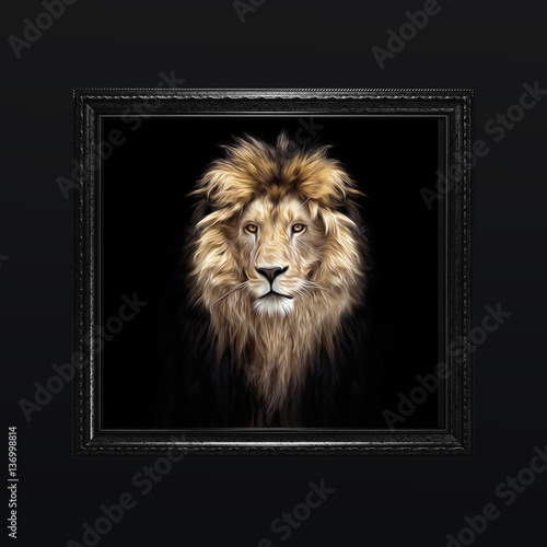 Poster Portrait of a Beautiful lion, lion in the dark, oil paints, soft