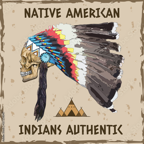 ilustracji-wektorowych-strony-rysunku-ludzkiej-czaszki-w-nakryciu-glowy-wodz-indian