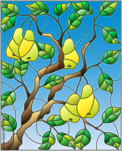 illustration-in-the-style-of-a-stained-glass-window-with-the-branches-of-pear-tree-the-fruit-branches-and-leaves-against-the-sky