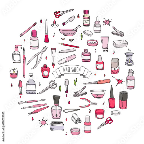 Hand Drawn Doodle Nail Salon Icons Set Vector Ilration Hand Drawn Doodle Nail Salon Icons Set Vector Ilration Manicure Accessories Collection Cartoon