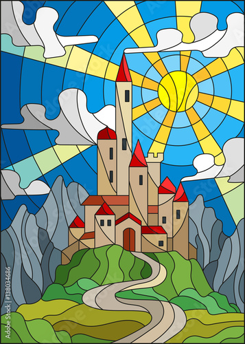illustration-in-stained-glass-style-landscape-with-old-castle-on-the-background-of-sky-sun-and-mountains