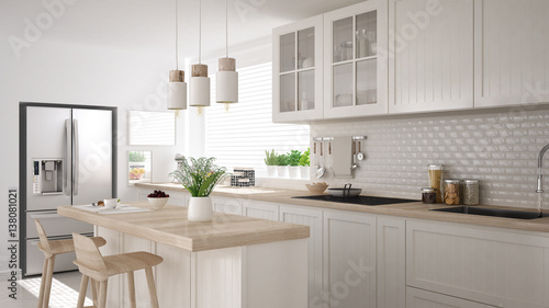 Scandinavian classic kitchen with wooden and white details, minimalistic interior design © ArchiVIZ