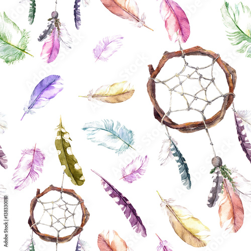  Feathers, dream catcher. Seamless pattern for fashion design. Watercolor